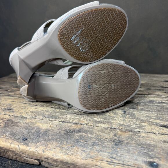 Michael Kors Taupe Suede Strappy Heels Women’s 9.5M Gold Zip Front Peep Toe Pump - Picture 9 of 12